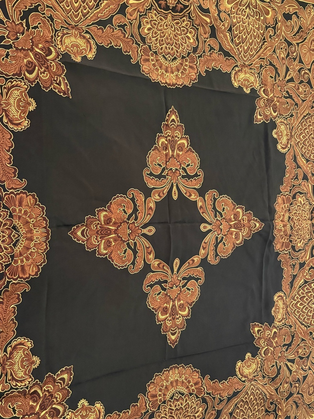 Ellen Tracy Black and Gold Ornate 34” Square Silk Scarf.